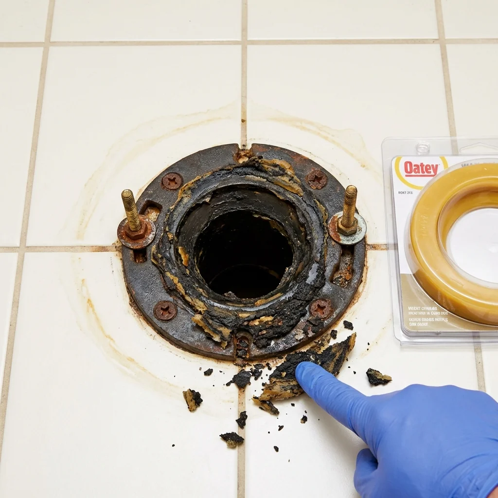 Failed wax ring showing water seepage at the base of a toilet in a Carthage, NC home