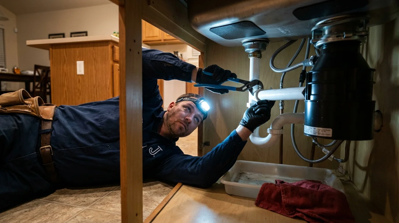 P-trap and supply line connections under a kitchen sink showing a common leak point in Carthage, NC